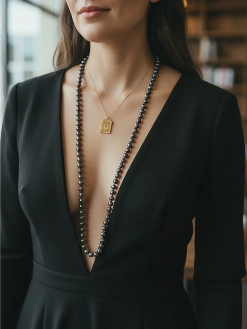 Long Black Hematite Bead Necklace – 32” Knotted Strand, Layering Piece - Picture 2 of 5
